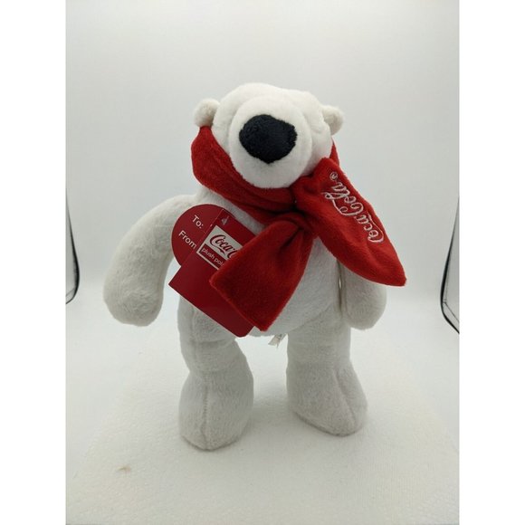 2013 Coca-Cola Plush Standing Polar Bear Red Scarf 10.5 inch Tag Is USED Writing - Picture 1 of 11